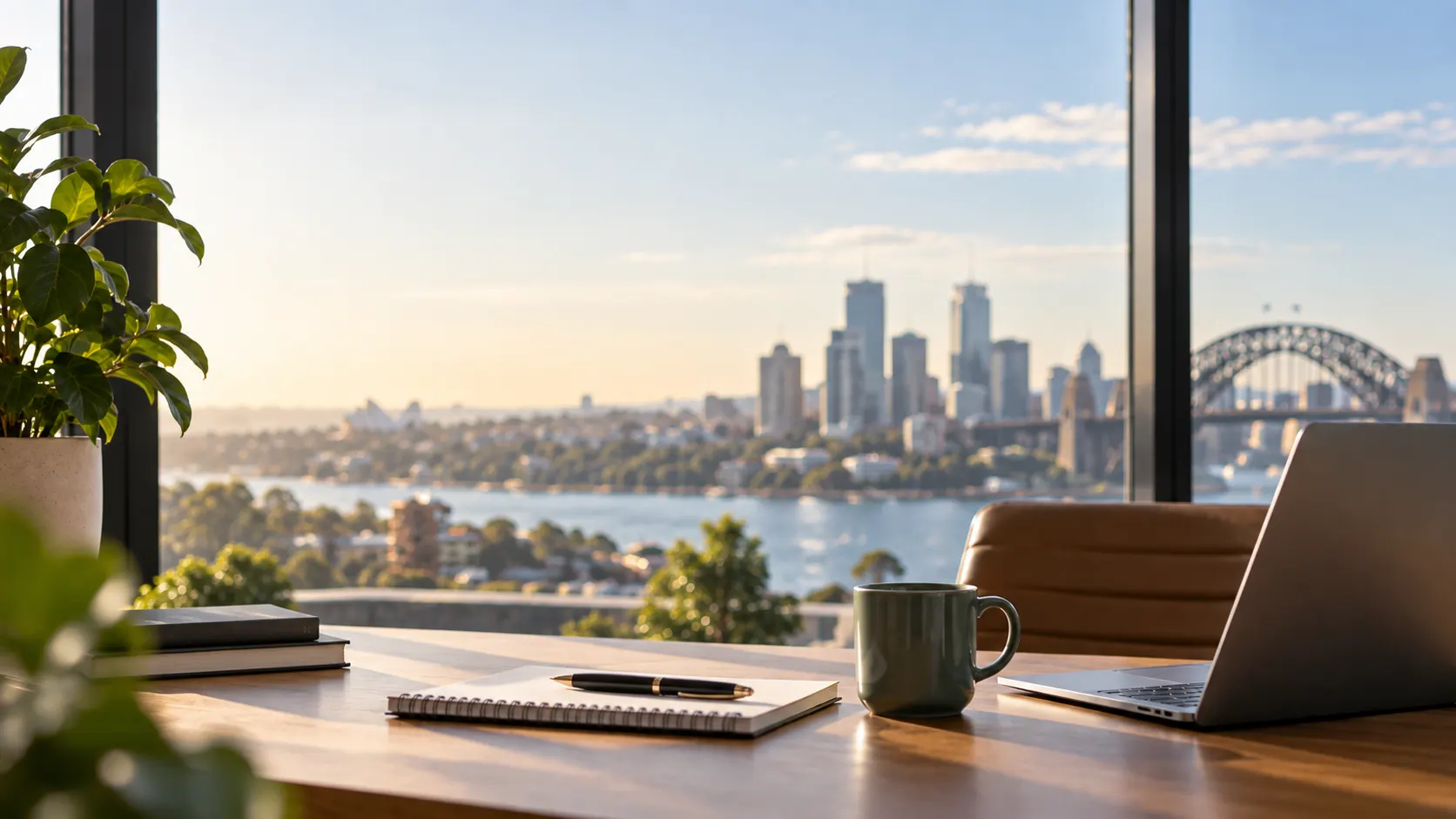 Illustrative workspace with a laptop, notebook and coffee overlooking Sydney Harbour.